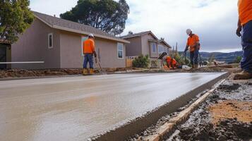 Construction Workers Pouring Wet Concrete For Driveway photo