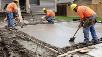 Construction Workers Leveling Wet Concrete photo