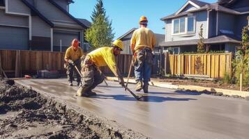 Construction Workers Leveling Wet Concrete With Tools in Front of Houses photo