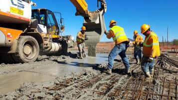 Construction Workers Pouring Concrete on a Rebar Grid photo