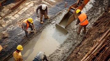 Construction Workers Pouring Concrete From Excavator photo