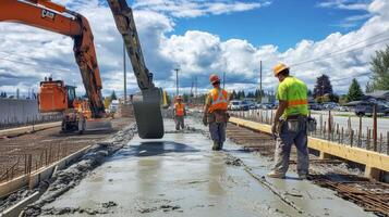 Construction Workers Pouring Concrete With Excavator photo