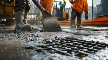 Construction Worker Spreading Wet Concrete with a Tool photo