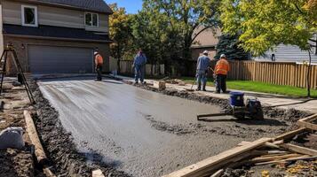 Construction Workers Pouring Concrete for a New Driveway photo