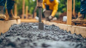 Close-up of Wet Concrete with Wooden Formwork and a Tool photo