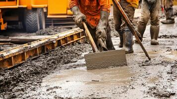 Construction Workers Spreading Wet Concrete with Tools photo