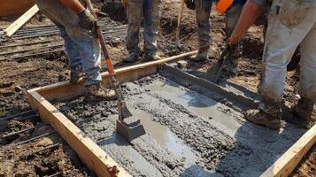 Construction Workers Pouring Concrete Into a Form photo