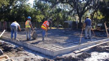 Construction Workers Pouring Concrete Foundation photo