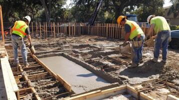 Construction Workers Pouring Concrete into Foundation Formwork photo