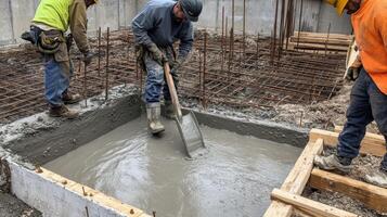 Construction Worker Spreading Wet Concrete With a Trowel photo