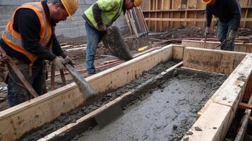 Construction Workers Pouring Concrete Into a Wooden Form photo