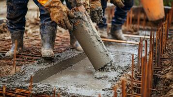 Construction Worker Pouring Concrete into a Foundation photo