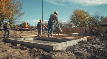 Construction Workers Pouring Concrete Into Foundation photo