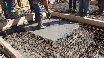 Construction Worker Pouring Concrete Onto Rebar photo