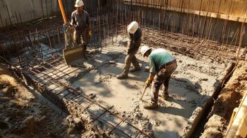 Construction Workers Pouring Concrete Into a Foundation photo