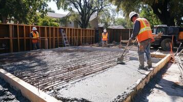 Construction Workers Pouring Concrete for a New Foundation photo