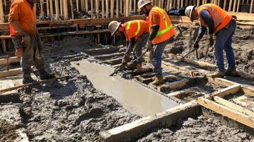 Construction Workers Pouring Concrete into a Form photo