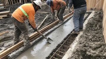 Construction Workers Pouring Concrete Into a Trench photo