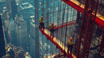 Construction Workers on Scaffolding High Above City Skyline photo