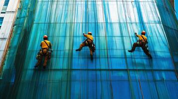 Three Construction Workers Scaling a Building with Safety Nets photo