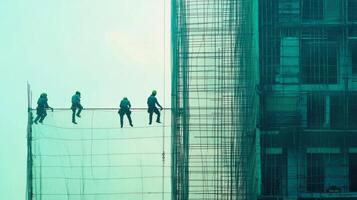 Construction Workers on Scaffolding of High-Rise Building photo