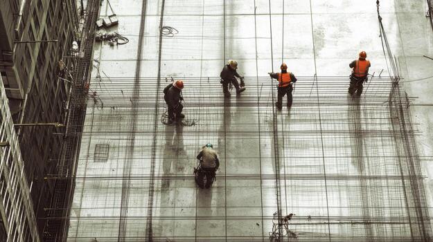 Construction Workers on a Concrete Slab with Reinforcing Steel Mesh photo
