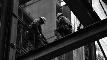 Two Construction Workers Walking on Steel Beams photo