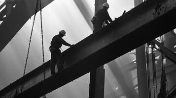 Two Silhouetted Construction Workers on a Steel Beam photo