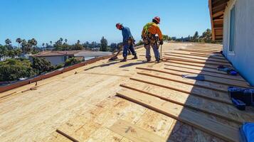 Two Construction Workers Laying Plywood on a Roof photo