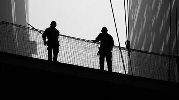 Two Silhouetted Construction Workers on a Scaffolding Platform photo