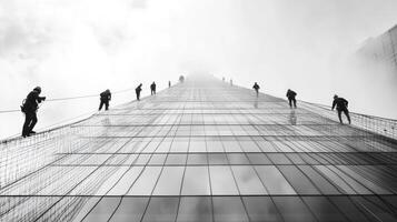 Workers Ascending a Glass Skyscraper in Fog photo