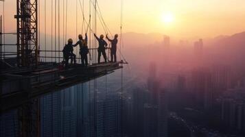 Construction Workers on a High-Rise Building Platform at Sunset photo