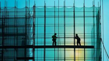 Two Silhouetted Construction Workers on Scaffolding with Green Netting photo