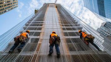 Construction Workers Ascending a Tall Building with Safety Netting photo