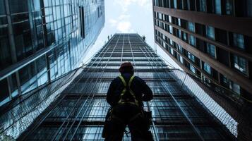 Construction Worker on Scaffolding of a Tall Building photo
