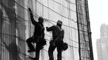 Two Construction Workers on Scaffolding in Black and White photo
