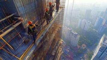 Construction Workers on Scaffolding High Above City Skyline photo