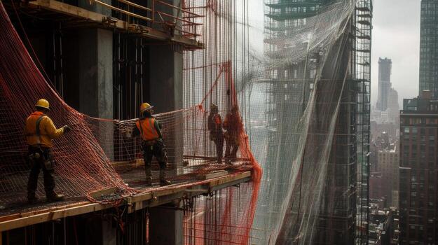 Construction Workers on Scaffolding with a View of City Skyline photo