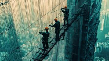 Construction Workers on a Scaffolding Platform on a Tall Building photo