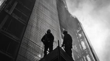 Two Construction Workers on Scaffolding Against a Tall Building photo