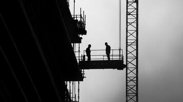 Construction Workers on a Scaffolding Platform in Silhouette photo