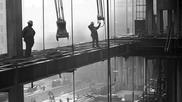 Construction Workers on a Steel Beam during Foggy Day photo