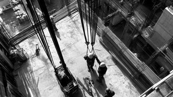 Construction Workers Using Crane to Lift Materials at a Construction Site photo