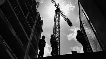Construction Workers Silhouetted Against a Tower Crane and Cloudy Sky photo