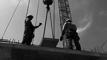 Two Construction Workers on a Partially Built Concrete Structure with a Crane photo
