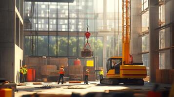 Construction Workers and Crane Lifting Materials at a Modern Building Site photo