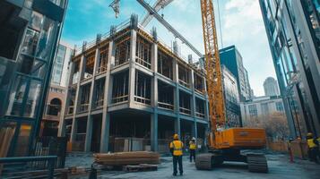 Construction Workers and Crane at a Modern Building Site photo