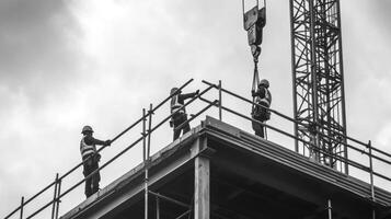 Construction Workers on Scaffolding with Crane in the Background photo