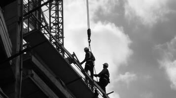 Construction Workers Silhouetted Against Cloudy Sky on Scaffolding photo