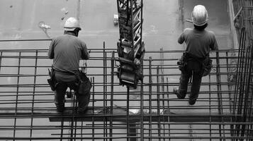 Two Construction Workers Standing on Rebar Grid photo